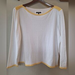 Lafayette 148 Womens Long Sleeve White W/Yellow Trim Cotton Top Size L